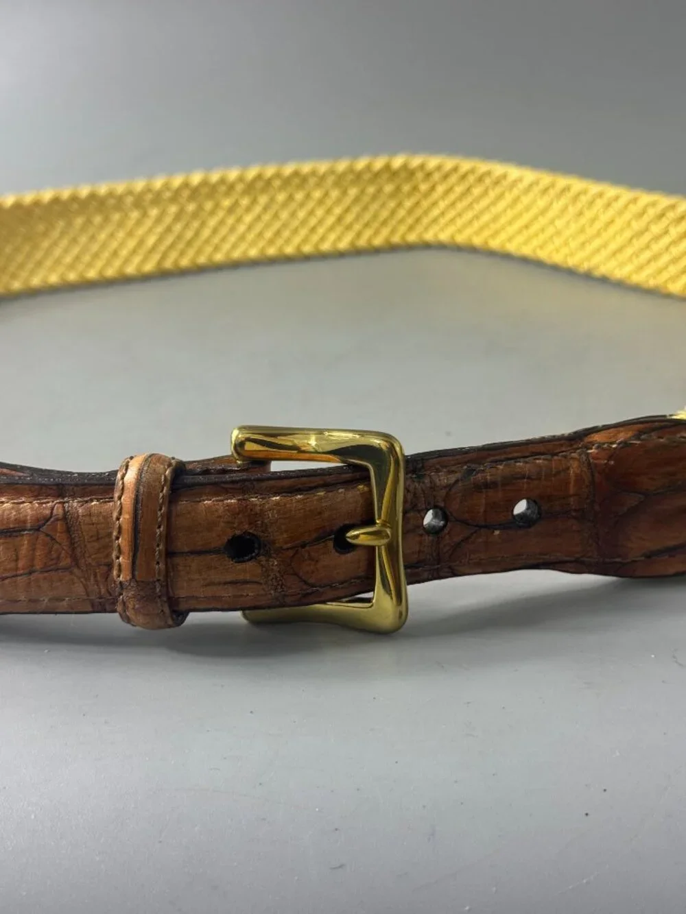 Martin Dingman Yellow Woven Brown Leather Belt Size 95/38
